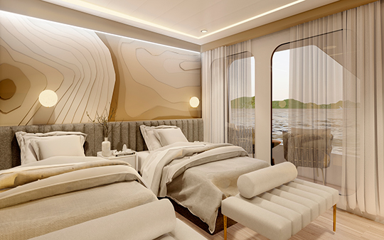 Double cabin with panoramic windows and ocean view of the galapagos islands luxury catamaran