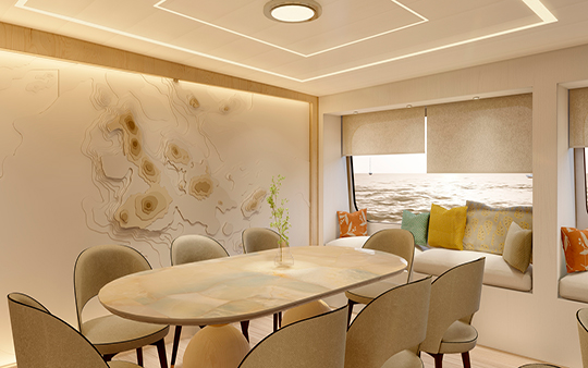 Information point with table and chairs for relaxation indoor area luxury catamaran